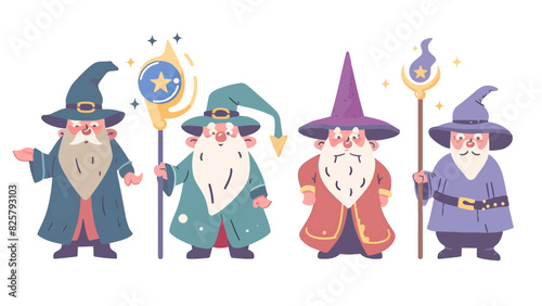4 standing magical enchanted wizards casting spells wearing wide brimmed pointy hat magic fire large long fluffy beard resizable resizable vector
