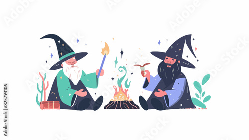 2 sitting magical enchanted wizards casting spells wearing wide brimmed pointy hat magic fire large long fluffy beard around campfire resizable vector