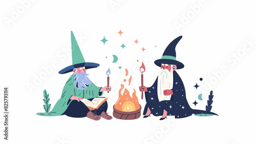 2 sitting magical enchanted wizards casting spells wearing wide brimmed pointy hat magic fire large long fluffy beard with book of spells resizable vector