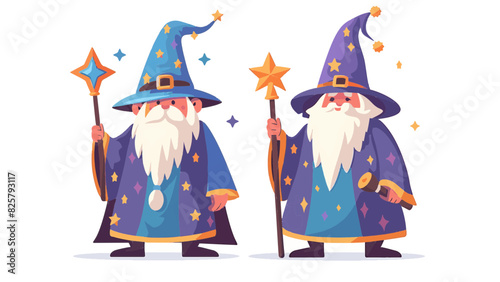 2 magical enchanted wizards casting spells wearing wide brimmed pointy hat magic fire large long fluffy beard resizable vector