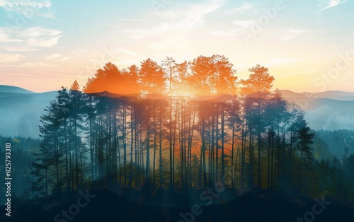 Serene sunrise over a forest with misty mountains in the background, capturing the tranquil beauty and peace of nature at dawn.