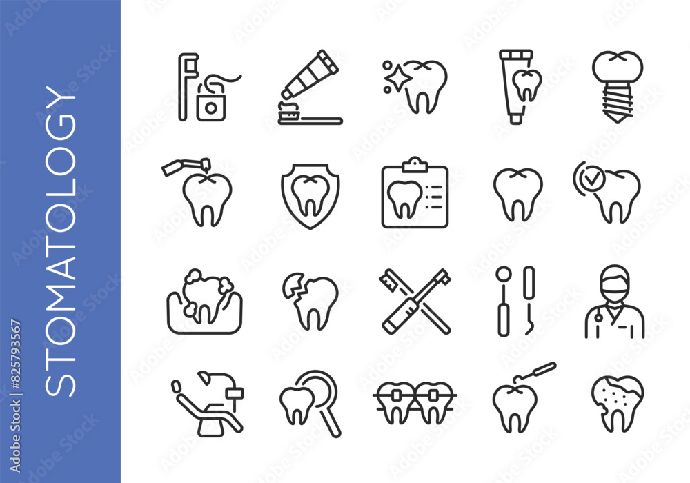 Fototapeta premium Stomatology icons set. 20 stomatology trendy minimal icons. Tooth, dental drill, tooth brush, tooth paste, dental chair, oral hygiene, implant, crown, floss icons. Vector illustration.