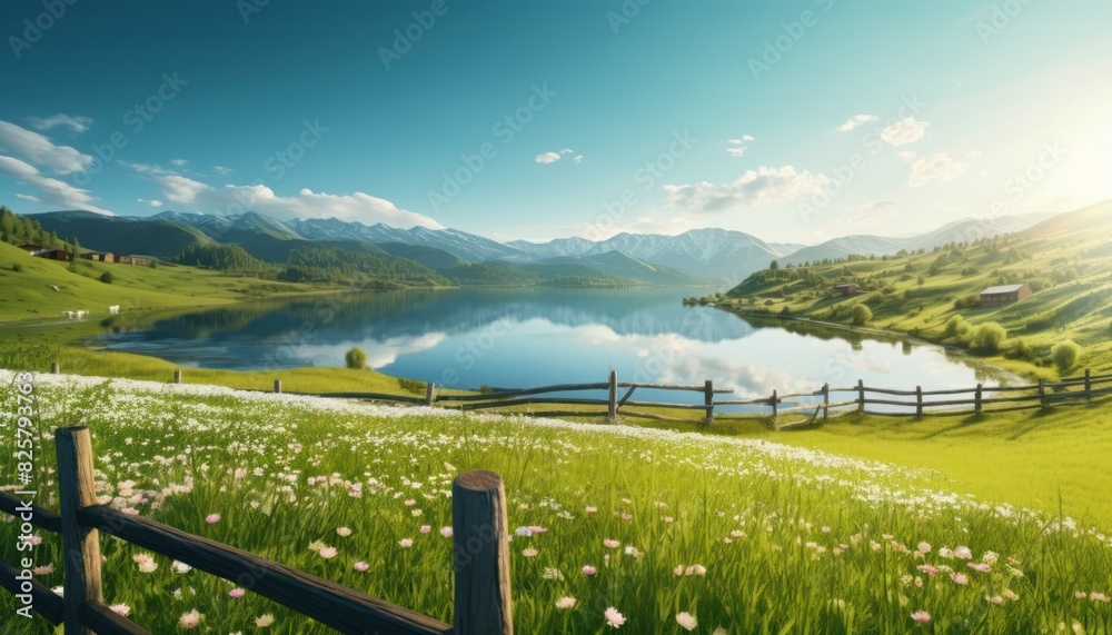 Fototapeta premium A stunning spring day landscaping views of fertile land surrounded beautiful green vegetation, wide stretches of hills and mountains with clear skies in spring