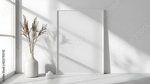 A white wall mockup with a white rectangular vertical frame hanging on it  photo