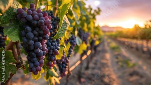 Vineyard at sunset with rows of grapevines, rich and deep purple grapes, warm and inviting atmosphere, highresolution wine country photography, Close up