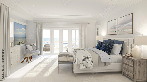 Beautiful interior of luxury bedroom with window sea view. Coastal cottage concept