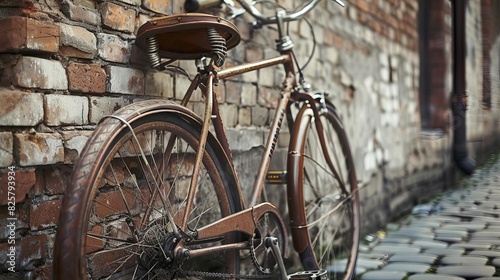 Vintage bicycle leaning against an old brick wall, worn leather seat and handles, timeless and rustic setting, highdefinition classic photography, Close up