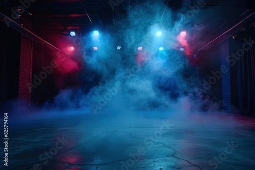 The dark stage shows, dark background, an empty dark scene, neon light, and spotlights The concrete floor and studio room with smoke float up the interior texture for display products - generative ai