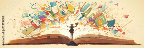 Creative Explosion of Knowledge from Open Book with Vibrant Colors and Abstract Elements