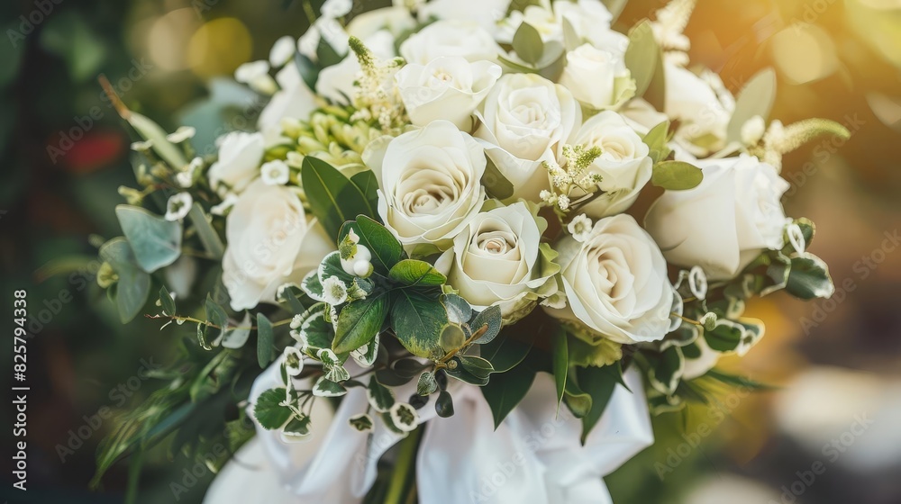 Wedding bouquet with white roses and greenery, elegant ribbon wrap, soft natural light, delicate and romantic floral arrangement, highresolution closeup photography, Close up