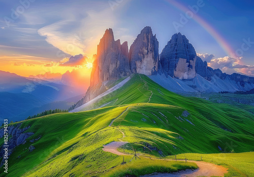 Photograph of a rainbow over the Dolomites mountain range in Italy, with green hills. Created with Ai #825794353