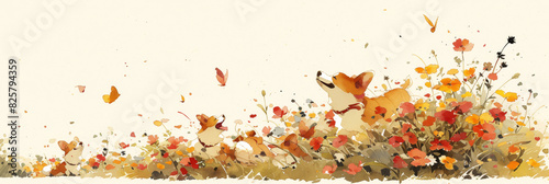 Dogs Playing in Autumn Wildflower Meadow with Butterflies   Nature and Joyful Pet Scene photo