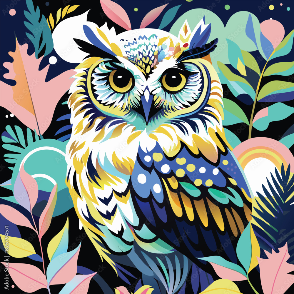 Fototapeta premium A Colorful Owl Surrounded by Abstract Floral Patterns