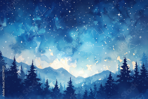 Starry Night Sky Over Pine Forest with Constellations in Watercolor Art Style © inspiring 