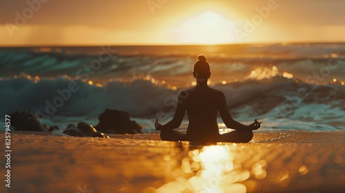 Yoga meditation at sunrise on a serene beach #825794577