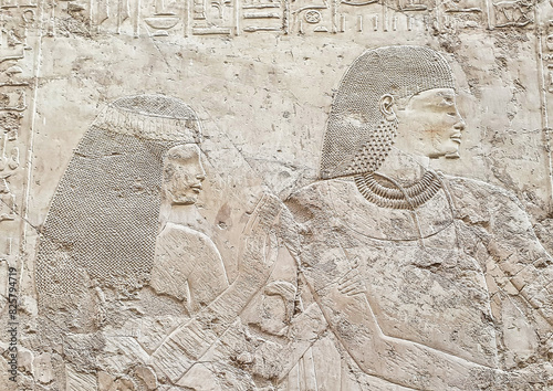 Exquisite wall relief of the noble man Ramose and his wife Merit-Ptah in amarna style in the Tomb of Ramose,Grand Vizier to Amenhotep III and Akhenaten, TT55 in the Tomb of Nobles area in Luxor,Egypt