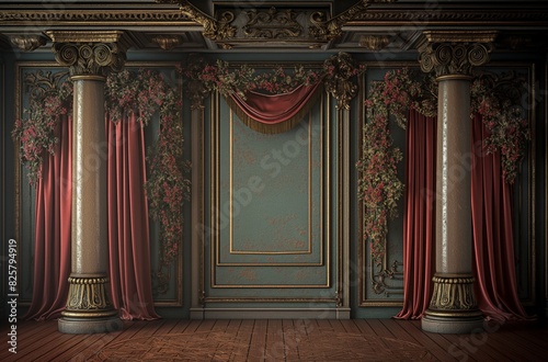 Classical interior with columns and floral drapes