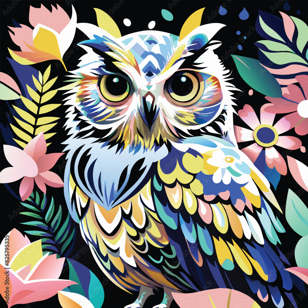 Fototapeta premium Colorful Owl with Floral Background