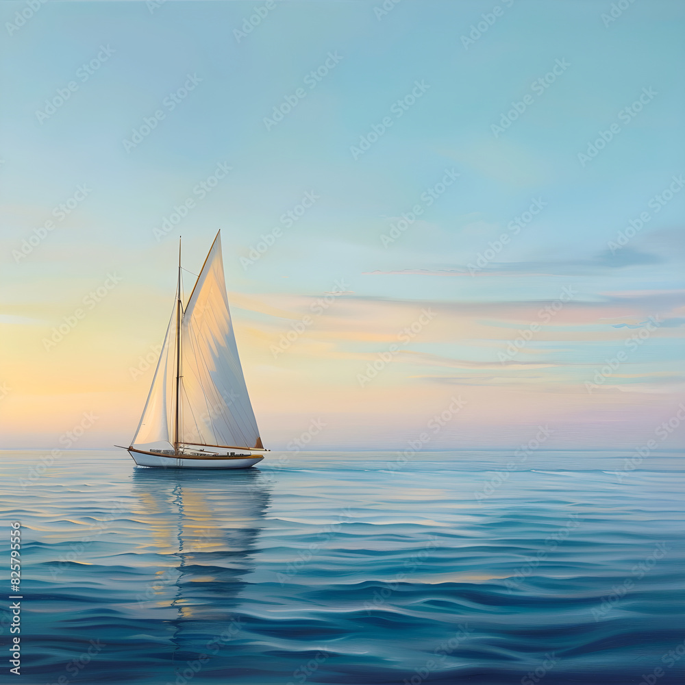 Serene Seascape with Classic Wooden Sailboat at Sunset Featuring Calm Waters and Vibrant Horizon