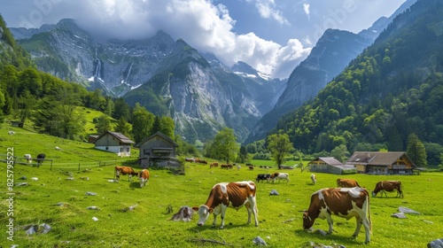 Cows grazing peacefully on a lush green pasture with a picturesque backdrop of alpine mountains and a quaint village photo