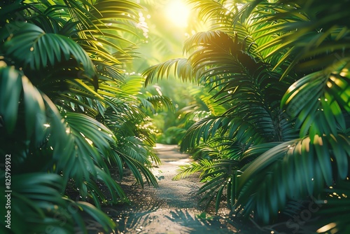 A lush jungle path surrounded by vibrant green foliage  illuminated by warm sunlight filtering through the leaves.