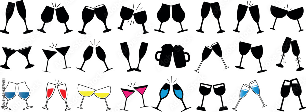 © Arafat - wineglass and toasting glasses vector, diverse drinkware collection, featuring wine glasses, champagne flutes, cocktail glasses, filled with colored liquid, perfect for celebration and toasting © Arafat - wineglass and toasting glasses vector, diverse drinkware collection, featuring wine glasses, champagne flutes, cocktail glasses, filled with colored liquid, perfect for celebration and toasting
