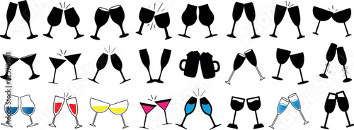 wineglass and toasting glasses vector, diverse drinkware collection, featuring wine glasses, champagne flutes, cocktail glasses, filled with colored liquid, perfect for celebration and toasting
