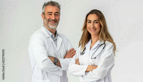 Portrait of two smiling doctors of a man and a woman on a white background 