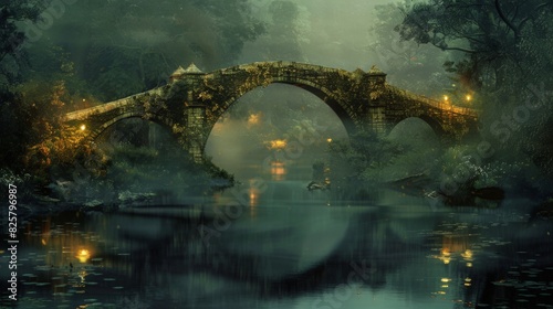 An ancient stone bridge arches over a tranquil river