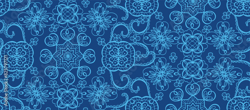 Dark blue ornamental geometric floral lace embroidery decorative seamless pattern graphic vector artwork photo