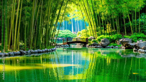 The clear water and bridge connect the lush bamboo forests on both sides