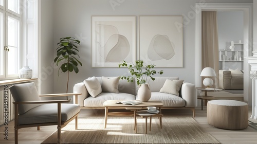 A sleek living room with a Scandinavian design featuring light airy furniture a neutral color palette and simple functional decor that emphasizes comfort and minimalism.