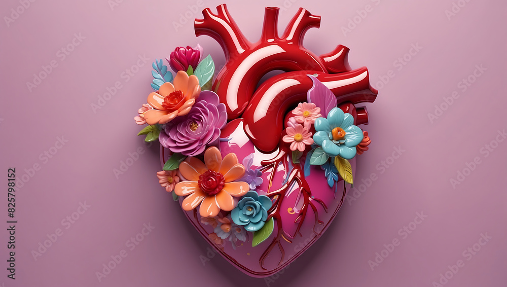 A stylized anatomical heart made of glossy material, adorned with various vibrant flowers in shades of red, pink, and peach, set against a solid mauve background A stylized anatomical heart made of glossy material, adorned with various vibrant flowers in shades of red, pink, and peach, set against a solid mauve background