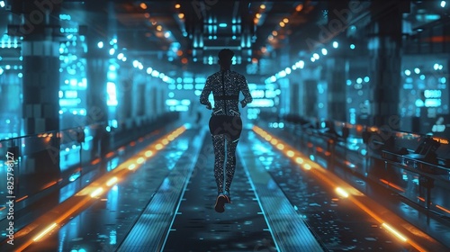 A fitness enthusiast using advanced technology and wearable devices in a hightech gym