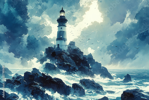 Majestic Lighthouse Amidst Stormy Sea Waves and Dramatic Clouds