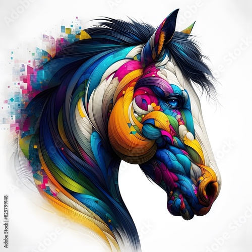 Horse head flowing graphic design Colors that stand out and contrast Colorful design style Aesthetics that are brutal but cute and unusual. Suitable for use in children's books, t-shirt designs, tatto