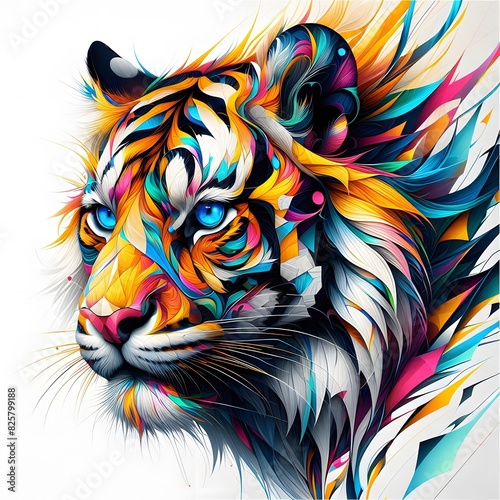 Tiger head graphic design Colors that stand out and contrast colorful design style Cruel but cute and quirky aesthetics. Suitable for use in designing logos  t-shirts  tattoos  children s books  abstr