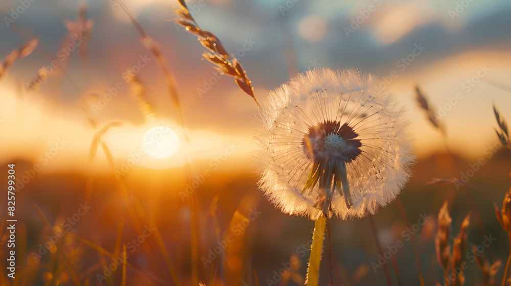 Beautiful fluffy dandelion at sunset, generative Ai