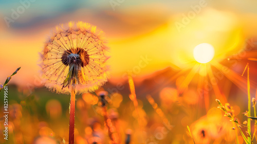 Beautiful fluffy dandelion at sunset  generative Ai