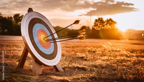 Archery target sits in field with several arrows making their mark
 photo