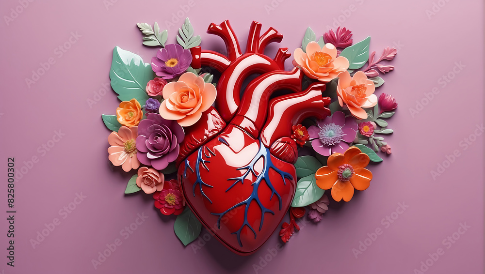 A stylized anatomical heart made of glossy material, adorned with various vibrant flowers in shades of red, pink, and peach, set against a solid mauve background