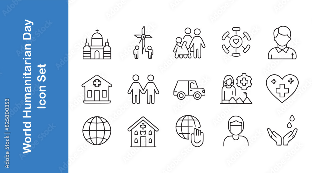 World humanitarian day line icon set with editable outline. World humanitarian day line icon set with editable outline.