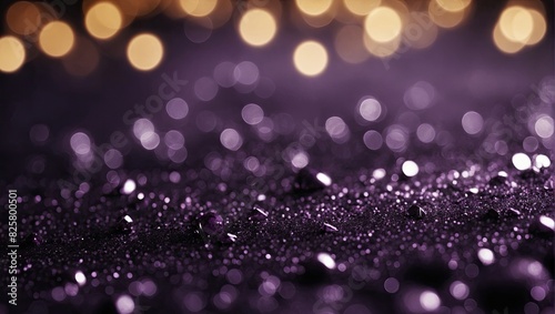 A purple christmas background glitters are scattered on a wooden surface with purple glitter.