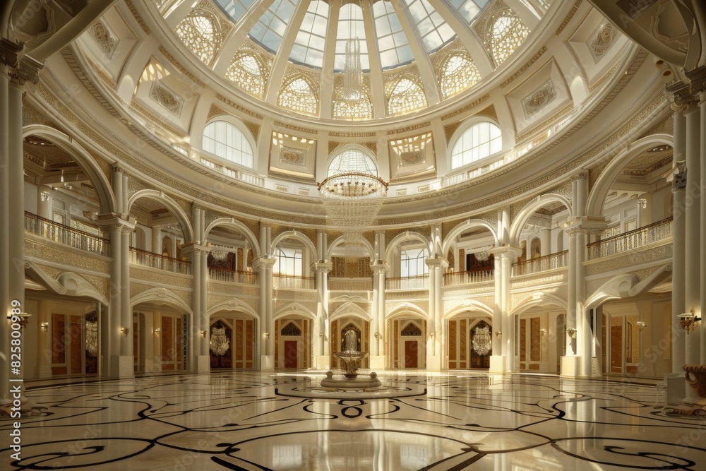 Obraz premium Expansive, luminous lobby adorned with abundant white furniture, exuding a sense of spaciousness and brightness. Interior design concept