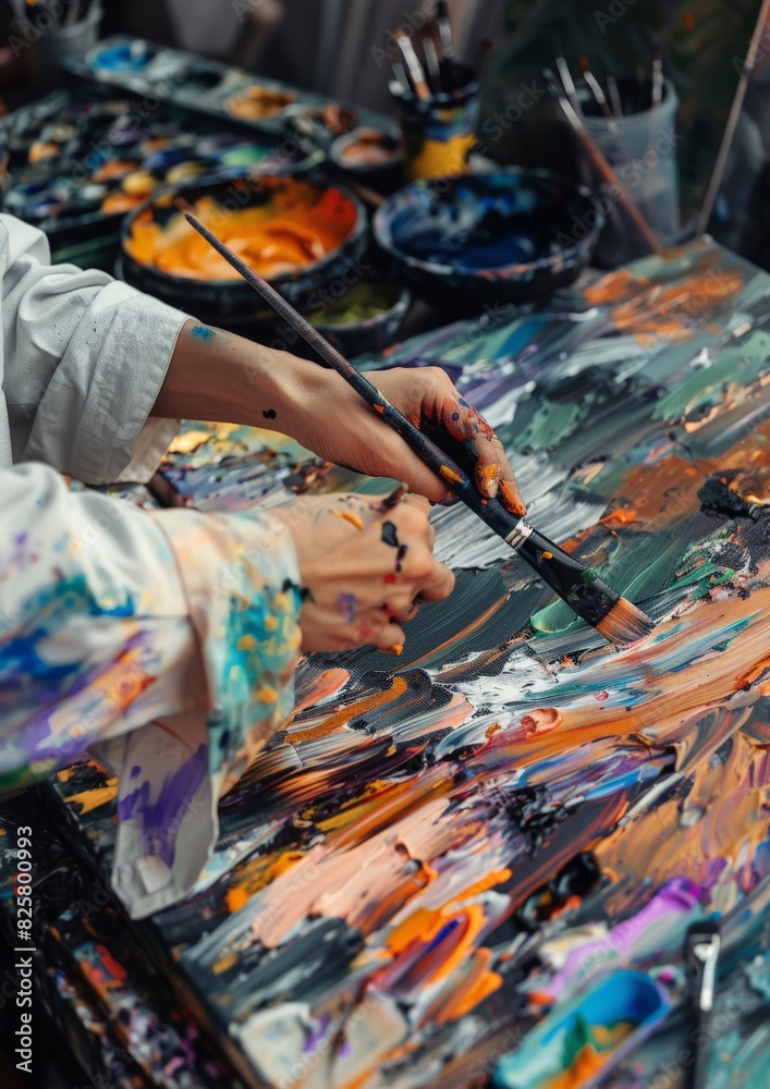 An artist's hands in action, painting a vibrant, abstract canvas
