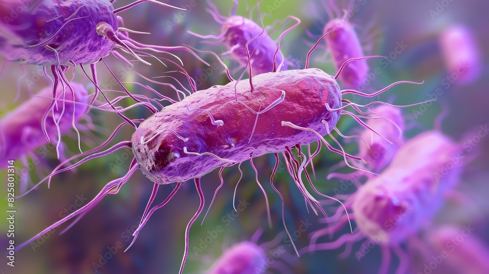 Close-up illustration of vibrant purple bacteria with flagella, showcasing the intricacies of microbiology and microscopic organisms. Close-up illustration of vibrant purple bacteria with flagella, showcasing the intricacies of microbiology and microscopic organisms.
