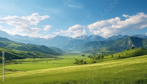A stunning spring day landscaping views of fertile land surrounded beautiful green vegetation, wide stretches of hills and mountains with clear skies in spring