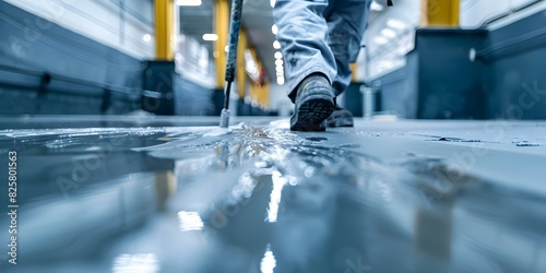 Worker applying epoxy coating to concrete floor for smooth durable finish. Concept Epoxy Coating Application, Concrete Flooring, Industrial Work, Durable Finish, Smooth Surfaces photo