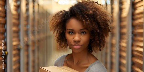 An African American woman organizing her belongings in a rental storage unit with cardboard boxes. Concept Organizing, Storage Unit, African American Woman, Rental, Cardboard Boxes photo