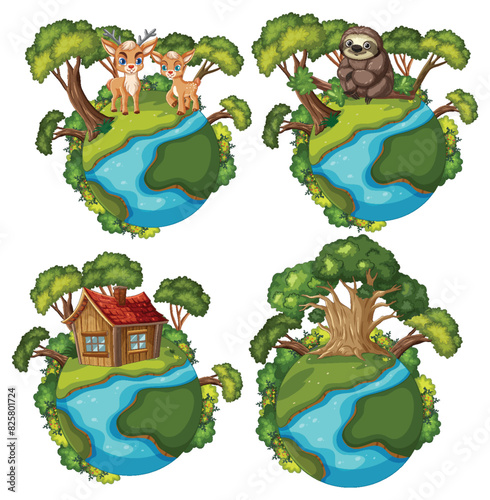 Four globes showing different natural habitats